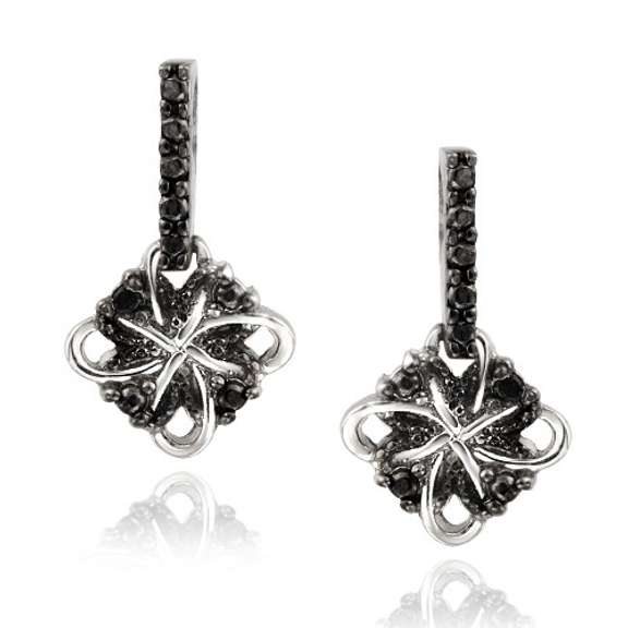 Sterling Silver Black Diamond Accent Clover in Flower Dangle Earrings