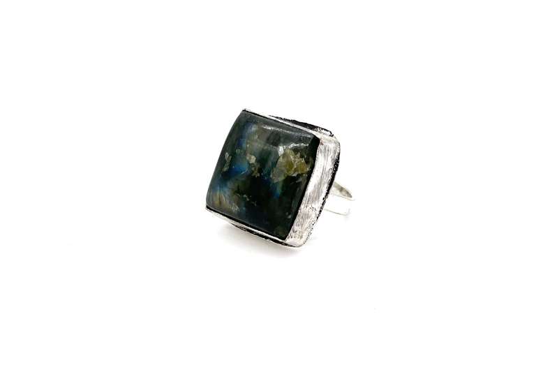 Square Cut Blue-Gray Sheen Labradorite Stone in Tibetan Silver Ring