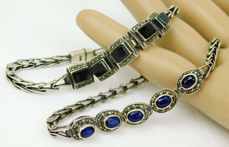 2 Vintage Sterling Gemstone & Marcasite Bracelets