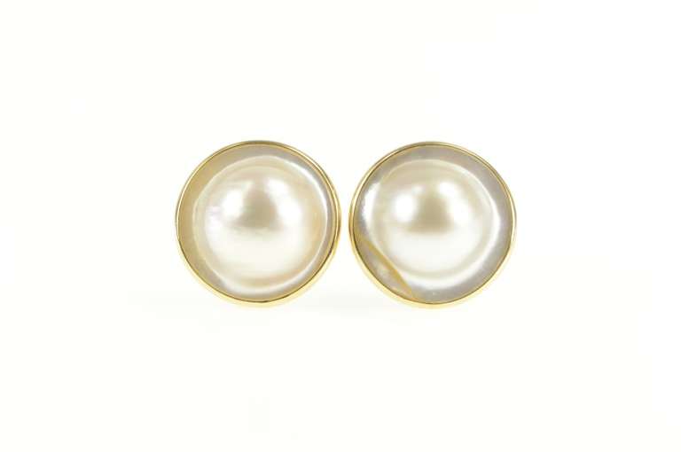 14K Yellow Gold 25.0mm Retro Mabe Pearl French Clip Earrings