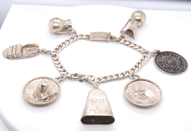 Vintage 925 Sterling Silver Mexico 7 Charms Cuban Link Bracelet