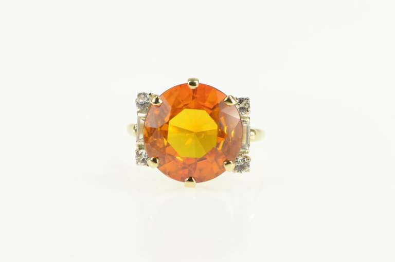 14K Yellow Gold Retro Round Syn. Citrine CZ Ornate Cocktail Ring