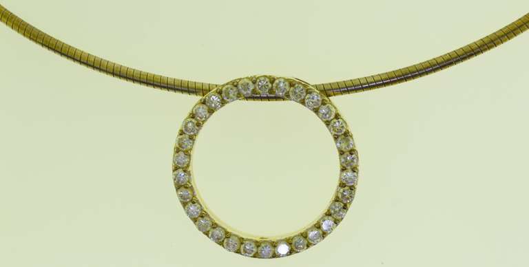 Italian Sterling Silver Snake Collar Chain With Crystal Circle Pendant