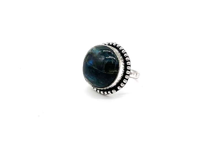 Round Cabochon Blue-Gray Sheen Labradorite Stone in Tibetan Silver in Beaded Energy Ring