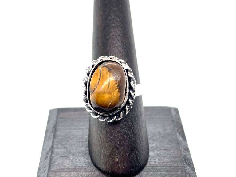 Petite Tiger's Eye in Rope Design Tibetan Silver Ring