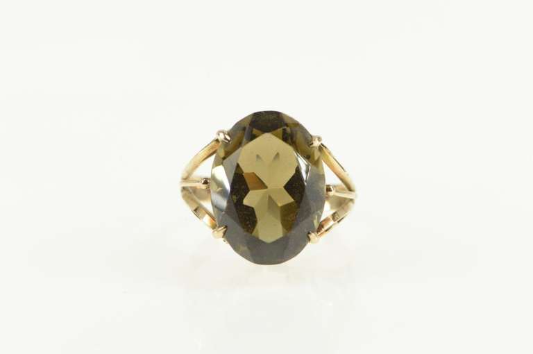 14K Yellow Gold Oval Smoky Quartz Retro Cocktail Statement Ring