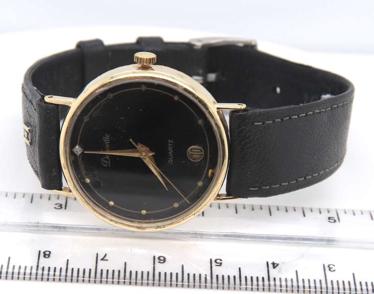 Deauville Quartz Gold Watch w Black Leather Strap