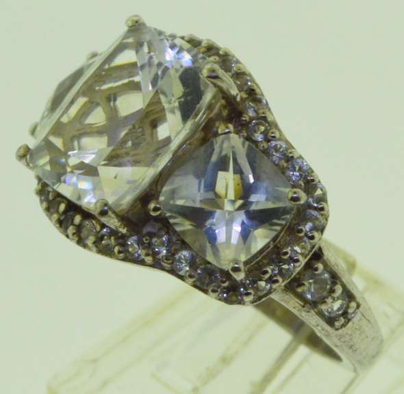Sterling Silver Three Stone White Topaz Cushion Cut Ring