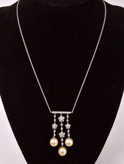 Sensational Diamond and South Sea Gold Pearl Necklace in 18K White Gold