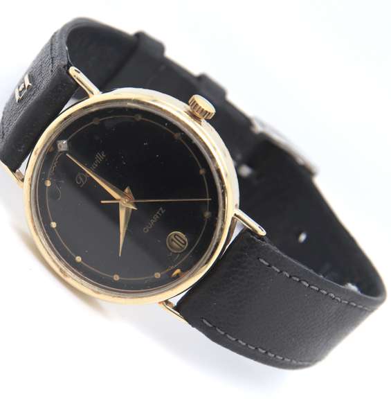 Deauville Quartz Gold Watch w Black Leather Strap