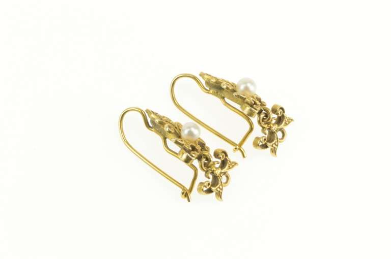 14K Yellow Gold Pearl Ornate Scroll Dangle Retro Statement Earrings