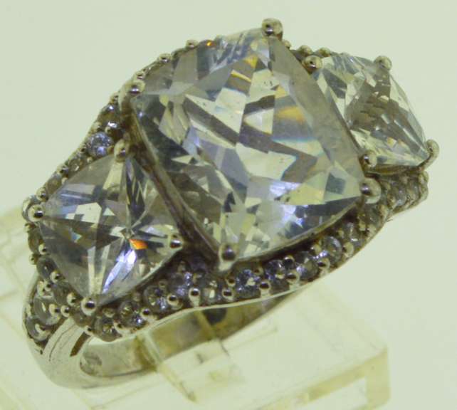 Sterling Silver Three Stone White Topaz Cushion Cut Ring