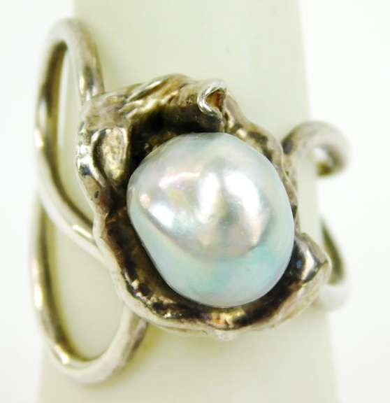 Fabulous Sterling Free Form Ring with Baroque Pearl, 5
