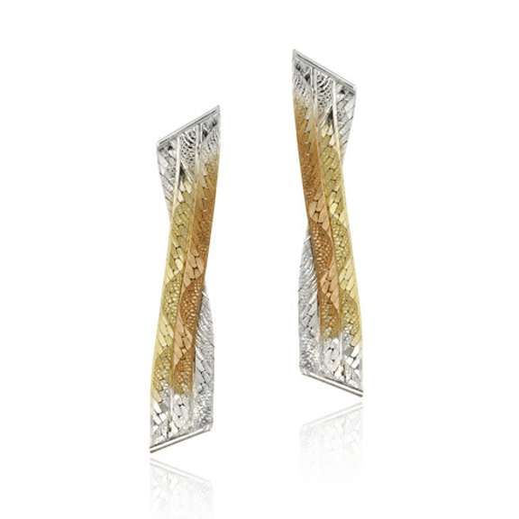 Sterling Silver & 18K Gold Overlay Tri Color Intertwined 3-Strand Earrings