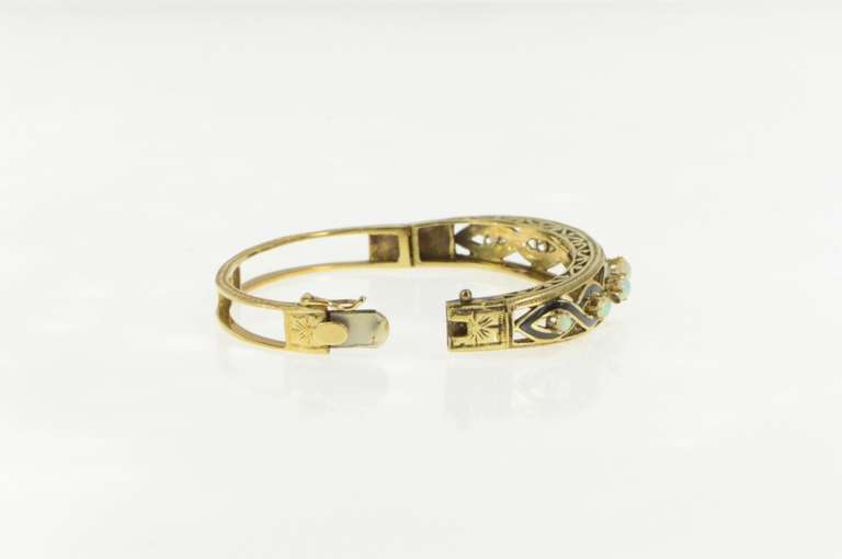 14K Yellow Gold Black Enamel Twist Opal Designer Bangle Bracelet
