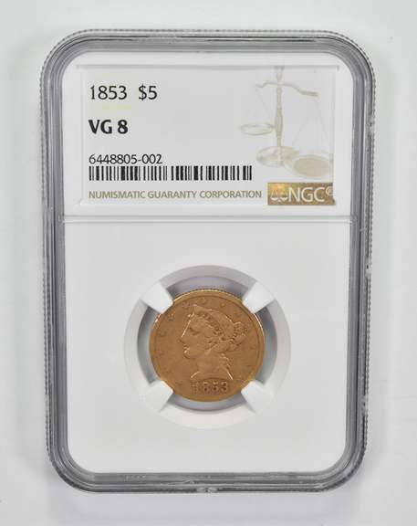 VG8 1853 $5 Liberty Head Gold Half Eagle - Graded NGC
