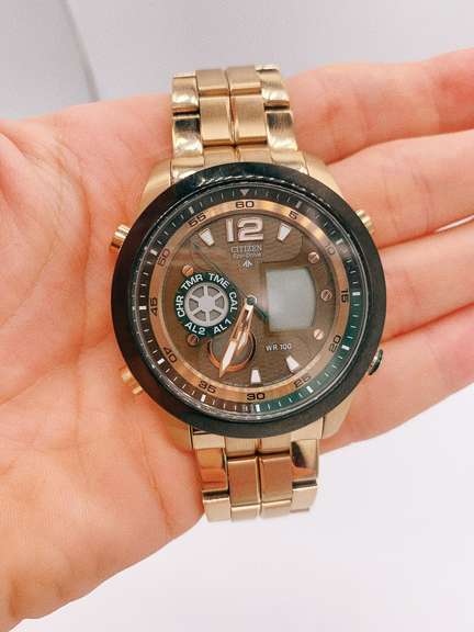 Citizen Eco-Drive Gold Tone Black Bezel Watch