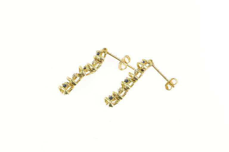 14K Yellow Gold Sapphire Diamond Wavy Chain Dangle Stud Earrings