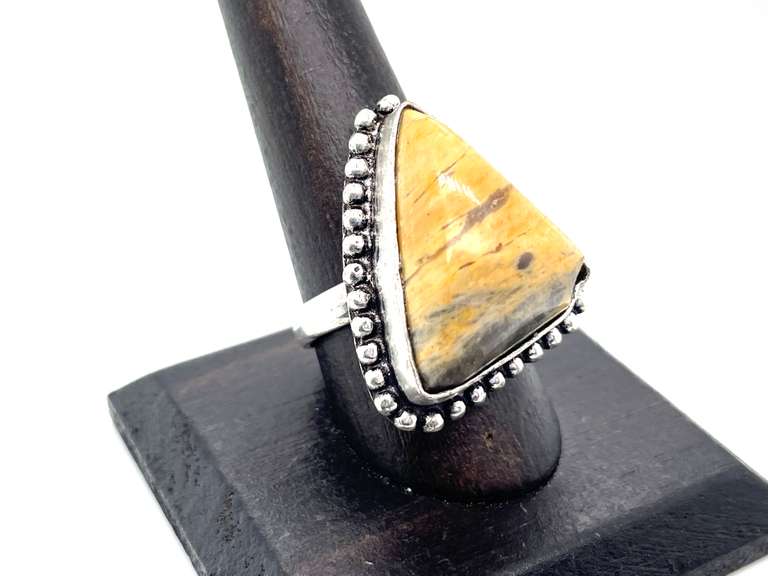 Triangular Bumble Bee Jasper Ring in Tibetan Silver Beaded Design