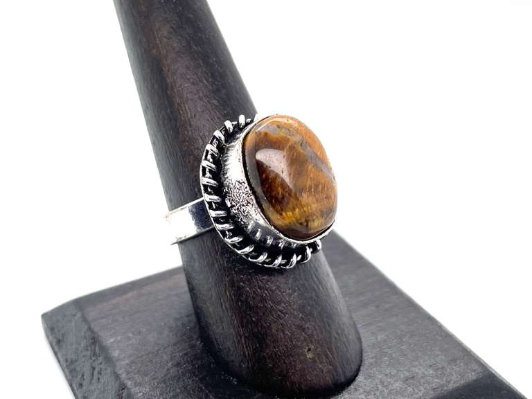 Petite Tiger's Eye in Rope Design Tibetan Silver Ring