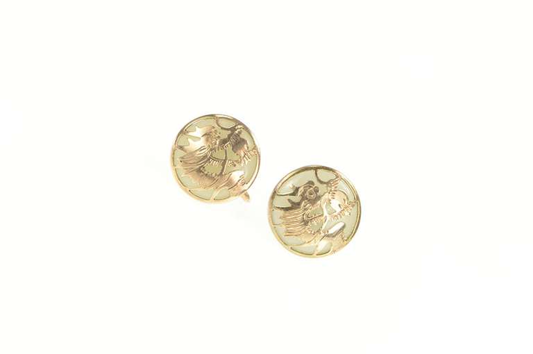 10K Yellow Gold Ornate Chinese Dragon Jade Screw Back Earrings