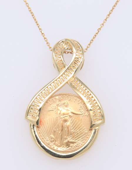 $5 Dollar Walking Liberty Gold in Gold Frame Pendant on Chain