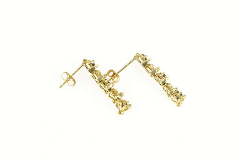 14K Yellow Gold Sapphire Diamond Wavy Chain Dangle Stud Earrings