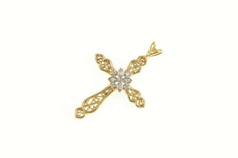 14K Yellow Gold Diamond Ornate Filigree Cross Christian Faith Pendant