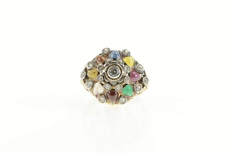 18K Yellow Gold 1960's Diamond Emerald Ruby Quartz Cocktail Ring