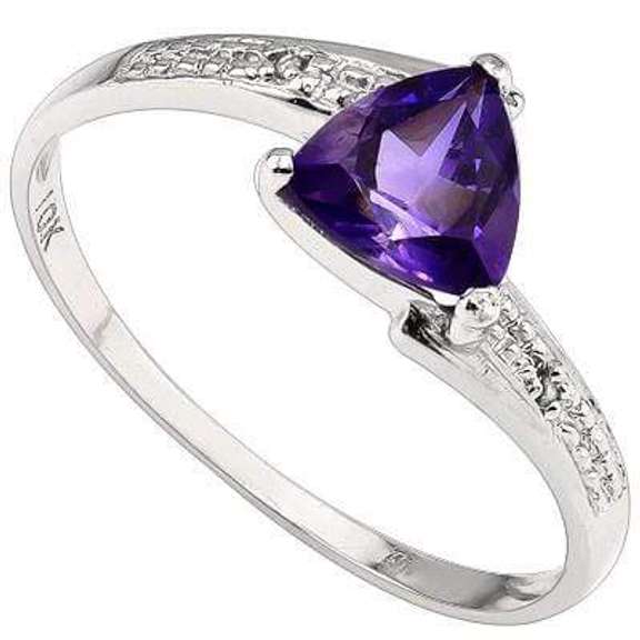 EXQUISITE 0.35 CT AMETHYST & 2 PCS WHITE DIAMOND 10K SOLID WHITE GOLD RING