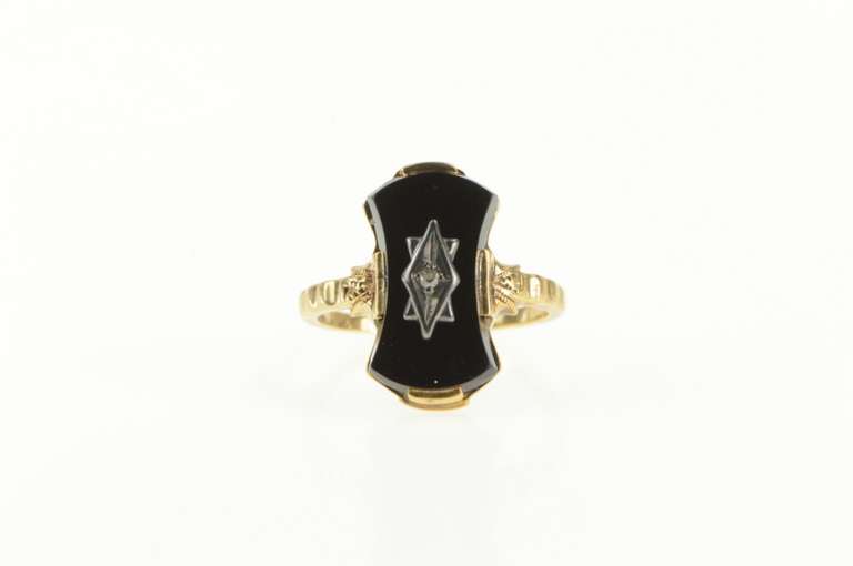 10K Yellow Gold Art Deco Curved Black Onyx Diamond Statement Ring