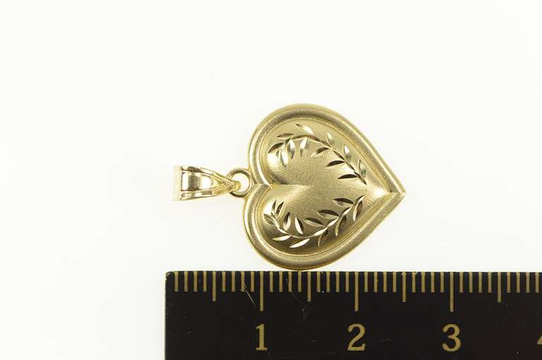 10K Yellow Gold Rounded Heart Etched Vine Pattern Love Pendant