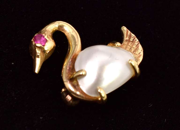 Fabulous Pearl and Ruby Swan Pin in 14K Yellow Gold