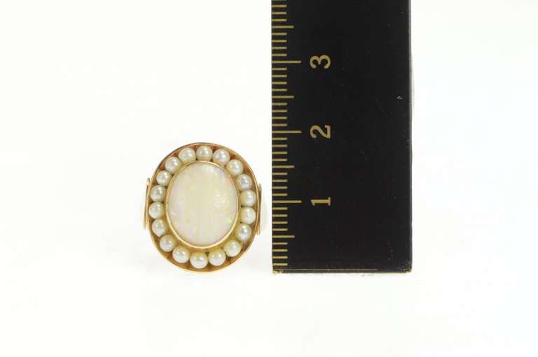 14K Yellow Gold Victorian Natural Opal Pearl Halo Cocktail Ring