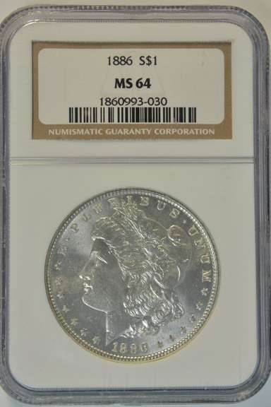 Blazing-white near Gem BU 1886 Morgan Silver Dollar. NGC MS64
