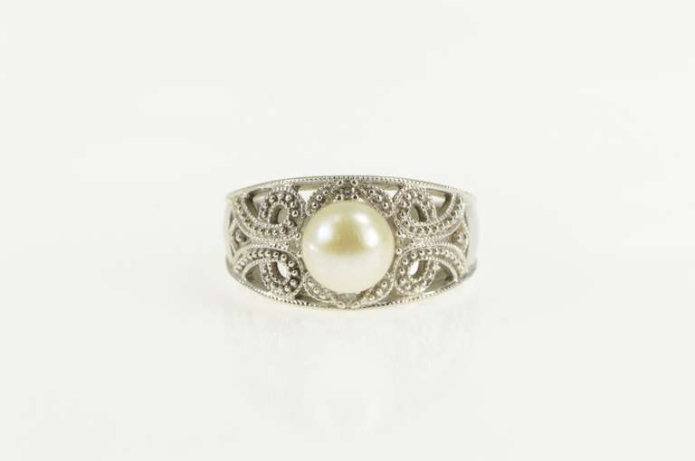 10K White Gold Pearl Filigree Diamond Scroll Engagement Ring