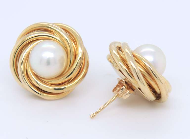 Fantastic Yellow Gold Pearl Love Knot Earrings