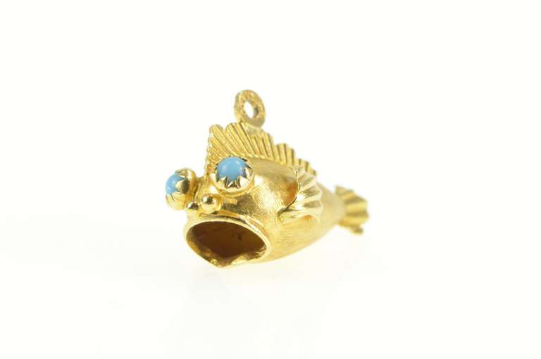 18K Yellow Gold 1960's 3D Turquoise Eyed Fish Retro Charm/Pendant