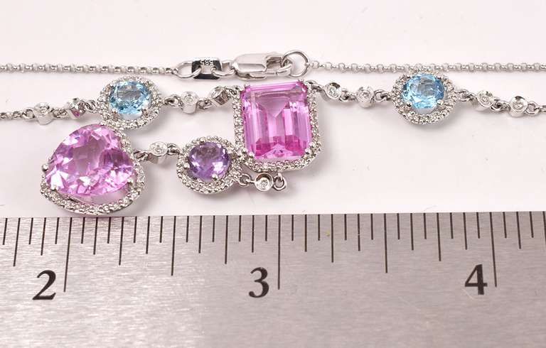 Beautiful Pink Sapphire, Amethyst, and Blue Topaz Necklace in 18K White Gold