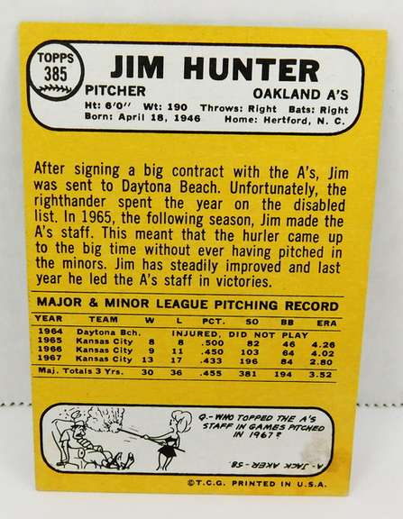 Jim Catfish Hunter 1968 Topps Baseball Card
