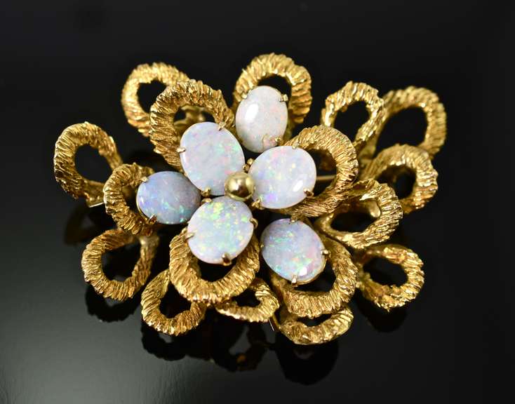 Unique Mid-Century Modern 14K Opal Brooch