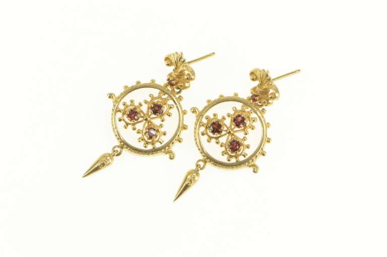 14K Yellow Gold Ornate Garnet Filigree Dangle Drop Statement Earrings