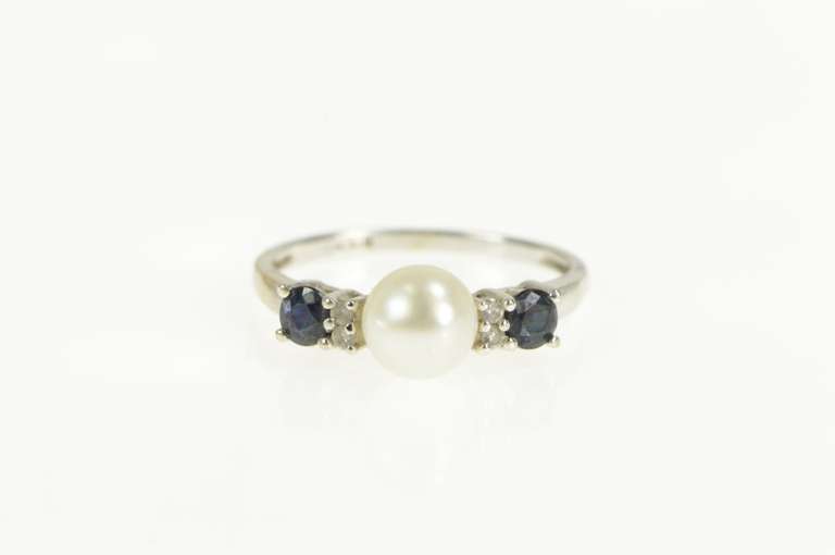 10K White Gold Pearl Sapphire Diamond Classic Statement Ring