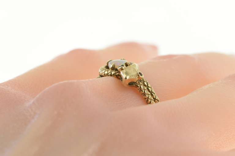 10K Yellow Gold Ornate Natural Opal Snake Serpent Wrap Ring