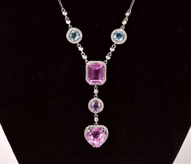 Beautiful Pink Sapphire, Amethyst, and Blue Topaz Necklace in 18K White Gold