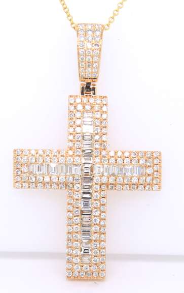 Masterpiece Yellow Gold 5ctw Mixed Baguette Cut and Round Diamond Cross Pendant on Chain
