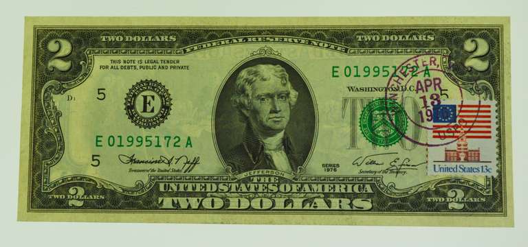 1976 Uncirculated Two Dollar Bill With April 1976 Post Mark Flag Stamp