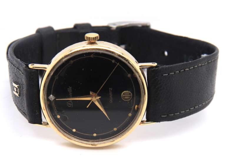 Deauville Quartz Gold Watch w Black Leather Strap