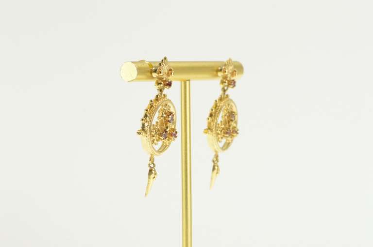 14K Yellow Gold Ornate Garnet Filigree Dangle Drop Statement Earrings