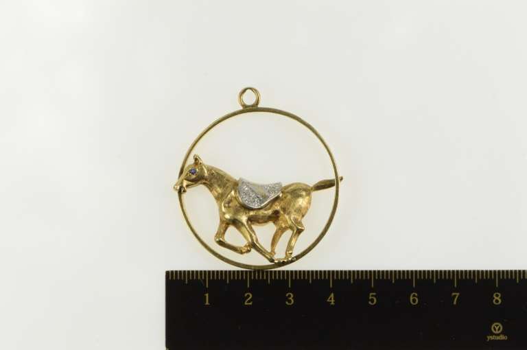14K Yellow Gold 1960's Diamond Race Horse Medallion Charm/Pendant